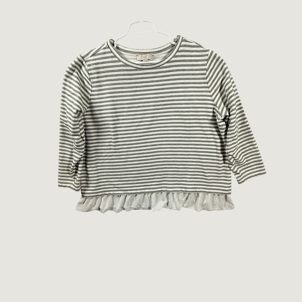 Loft Plus Womens Grey White Striped Ruffle Hem Knit Top Size 24/26 3/4 Sleeve